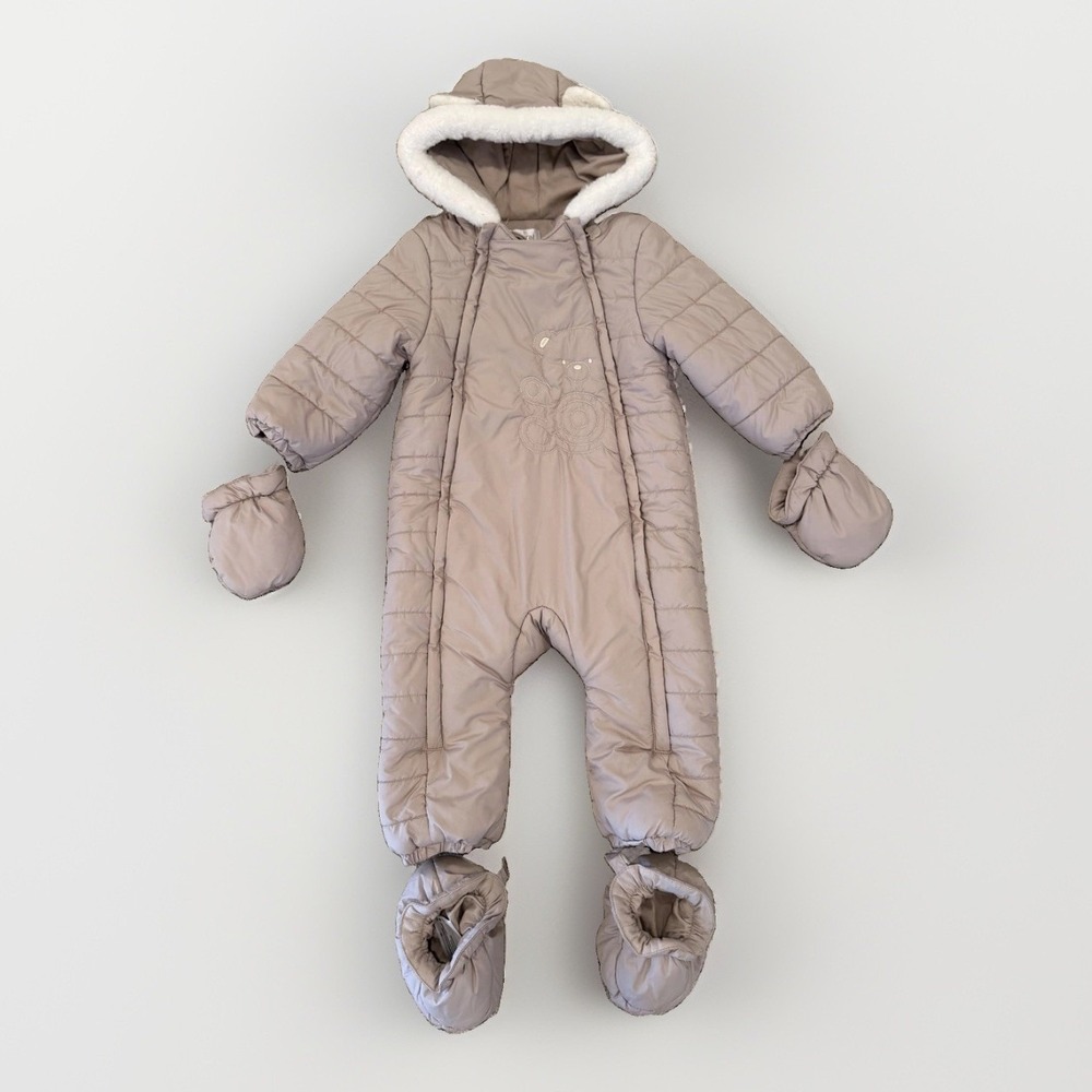 Mayoral Snowsuit Girls 12-18 Months Beige Puffer Hooded Bear Mittens Booties